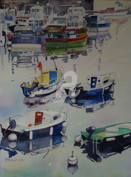 Painting titled "Brest, les canots d…" by Claude Marchalot, Original Artwork, Watercolor