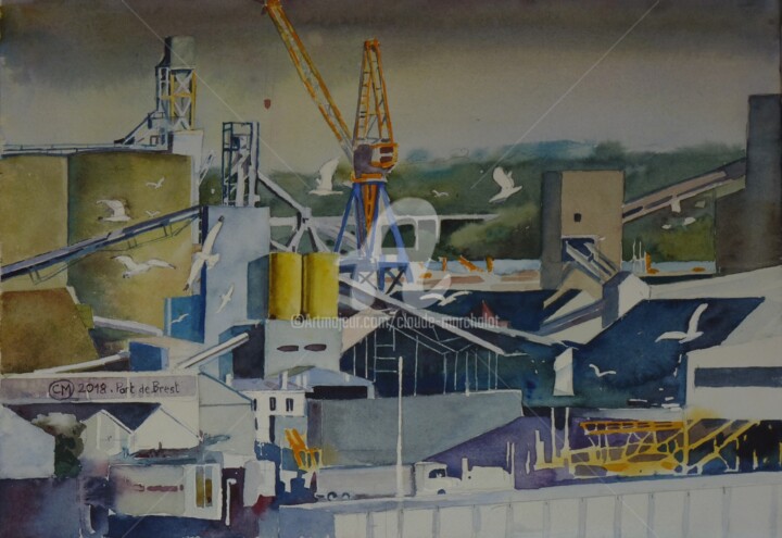 Schilderij getiteld "Les silos du port d…" door Claude Marchalot, Origineel Kunstwerk, Aquarel