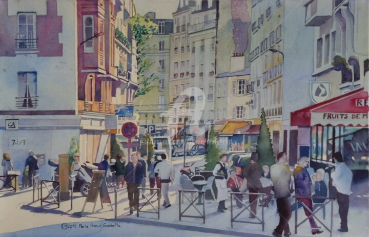 Painting titled "Paris avenue Gambet…" by Claude Marchalot, Original Artwork, Watercolor
