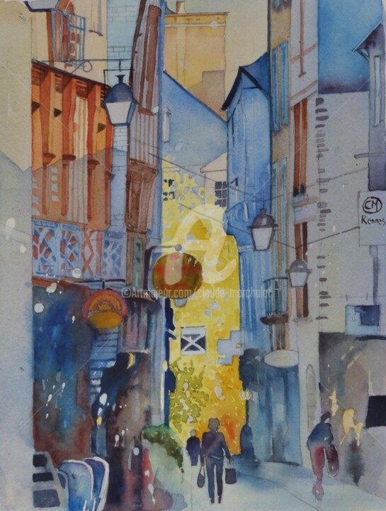 Malerei mit dem Titel "Le vieux Rennes, ru…" von Claude Marchalot, Original-Kunstwerk, Aquarell