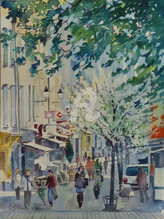 Painting titled "Rennes, rue Vasselot" by Claude Marchalot, Original Artwork, Watercolor