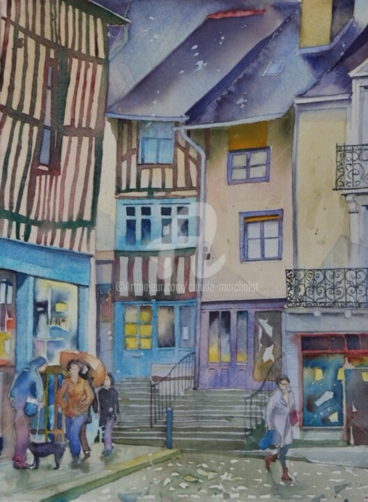 Schilderij getiteld "Rennes, rue de Penh…" door Claude Marchalot, Origineel Kunstwerk, Aquarel Gemonteerd op Andere stijve p…