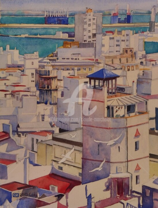 Painting titled "Le port de Cadix vu…" by Claude Marchalot, Original Artwork, Watercolor Mounted on Other rigid panel