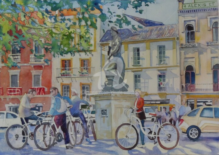 Ζωγραφική με τίτλο "Séville, pause cycl…" από Claude Marchalot, Αυθεντικά έργα τέχνης, Ακουαρέλα