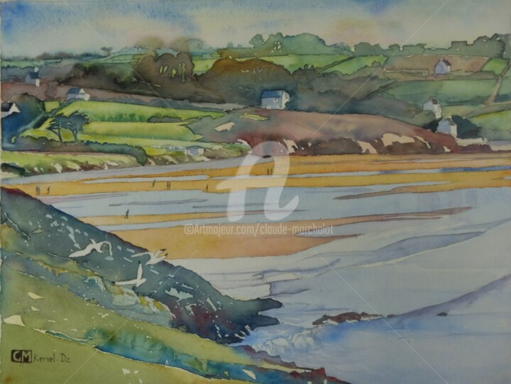 Painting titled "Kervel, baie de Dou…" by Claude Marchalot, Original Artwork, Watercolor Mounted on Other rigid panel
