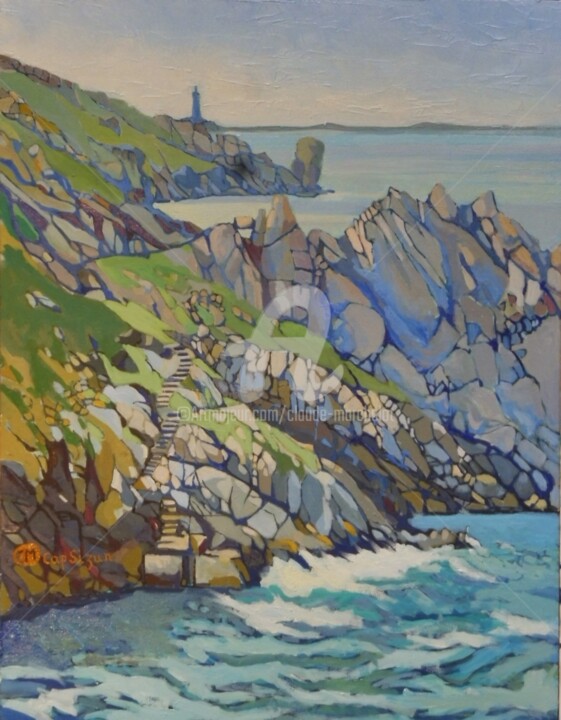 Painting titled "Cap Sizun huile" by Claude Marchalot, Original Artwork, Oil Mounted on Other rigid panel