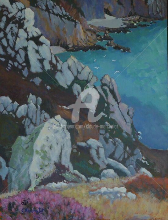 Painting titled "Falaise du Guern, a…" by Claude Marchalot, Original Artwork, Acrylic Mounted on Other rigid panel