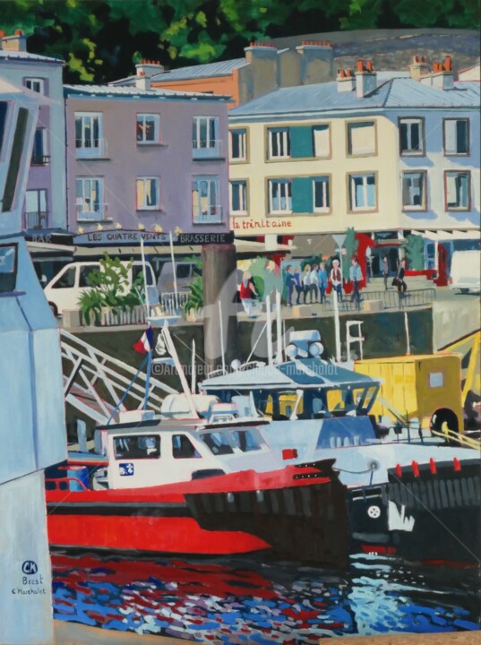Painting titled "Brest, le port, les…" by Claude Marchalot, Original Artwork, Oil Mounted on Wood Stretcher frame