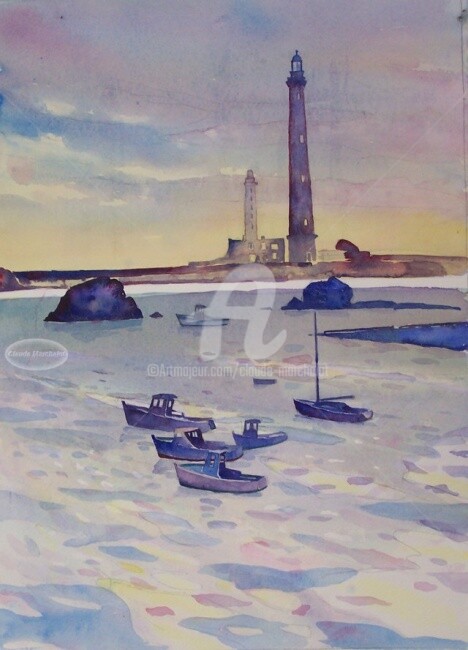 「Phare de l'île Vier…」というタイトルの絵画 Claude Marchalotによって, オリジナルのアートワーク, オイル