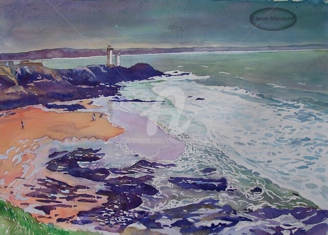 Painting titled "Brest, la plage du…" by Claude Marchalot, Original Artwork, Watercolor