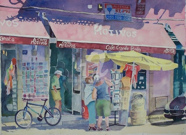 Malerei mit dem Titel "Touristes à Pinhao" von Claude Marchalot, Original-Kunstwerk, Aquarell