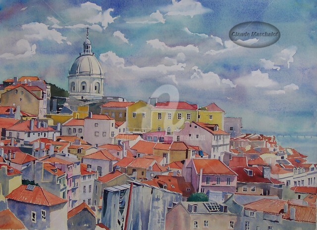 Peinture intitulée "Lisbonne, le quarti…" par Claude Marchalot, Œuvre d'art originale, Aquarelle