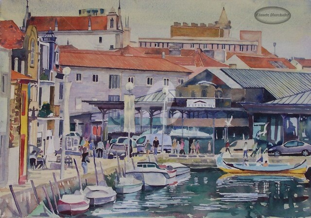 Painting titled "Aveiro, les halles…" by Claude Marchalot, Original Artwork, Watercolor