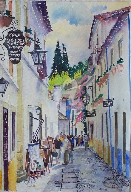 Painting titled "Ruelle d'Obidos, Po…" by Claude Marchalot, Original Artwork, Watercolor