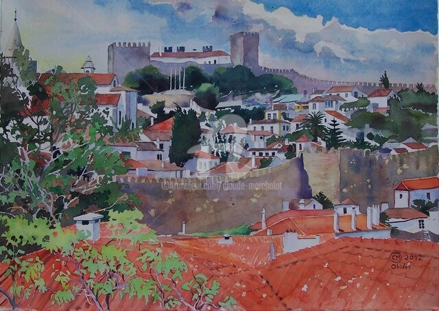Painting titled "Obidos et ses rempa…" by Claude Marchalot, Original Artwork, Watercolor