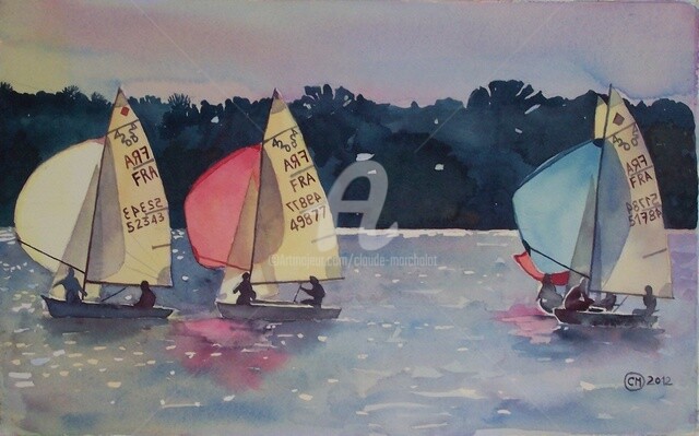 Painting titled "Bord de largue babo…" by Claude Marchalot, Original Artwork, Watercolor