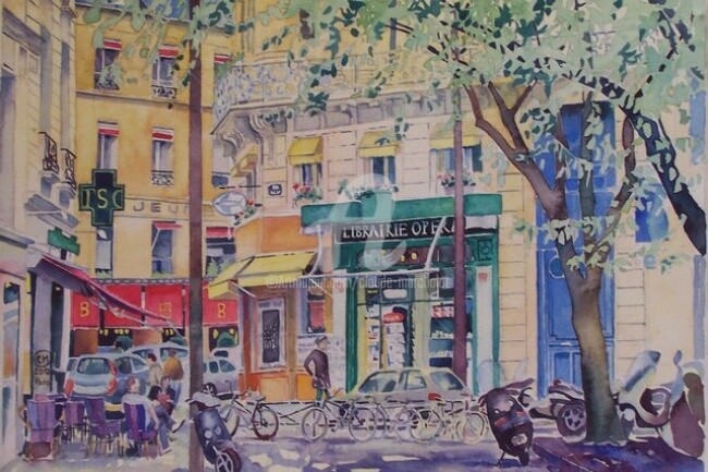 Pintura intitulada "Paris, la librairie…" por Claude Marchalot, Obras de arte originais, Aquarela