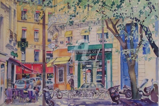 Peinture intitulée "Paris, la librairie…" par Claude Marchalot, Œuvre d'art originale, Aquarelle