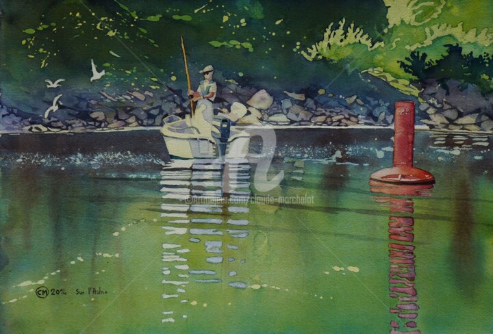 Painting titled "Partie de pêche à l…" by Claude Marchalot, Original Artwork, Watercolor Mounted on Other rigid panel
