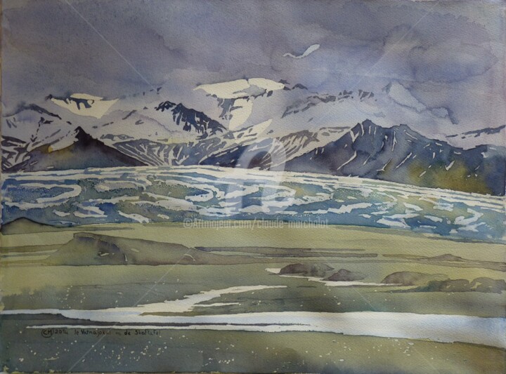 Painting titled "Le glacier Vatnajök…" by Claude Marchalot, Original Artwork, Watercolor