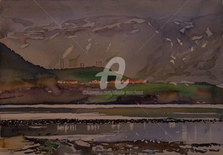 Malerei mit dem Titel "Fjord de Berufjordu…" von Claude Marchalot, Original-Kunstwerk, Aquarell
