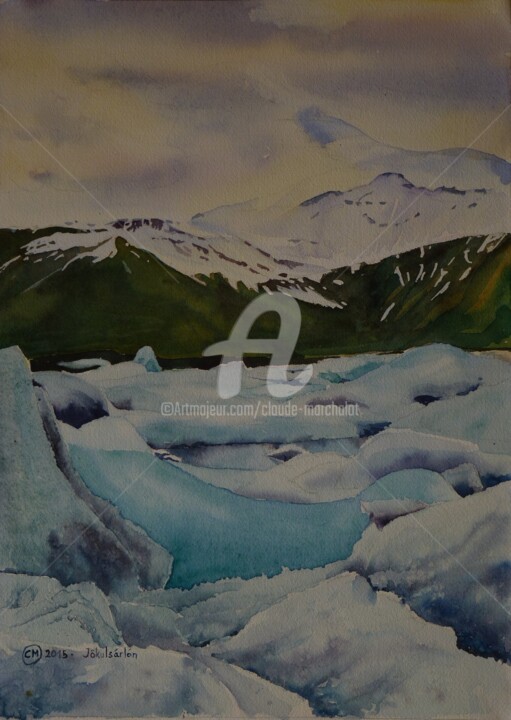 Schilderij getiteld "La lagune de Jökuls…" door Claude Marchalot, Origineel Kunstwerk