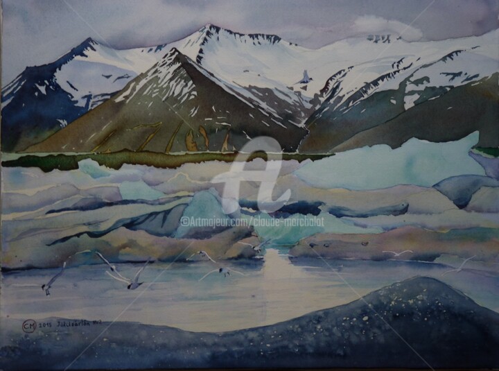 Pittura intitolato "La lagune de Jökuls…" da Claude Marchalot, Opera d'arte originale, Acquarello