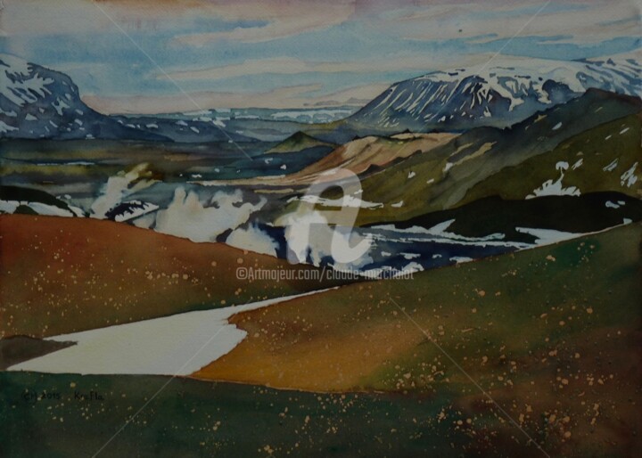 Malarstwo zatytułowany „Islande, vue généra…” autorstwa Claude Marchalot, Oryginalna praca, Akwarela