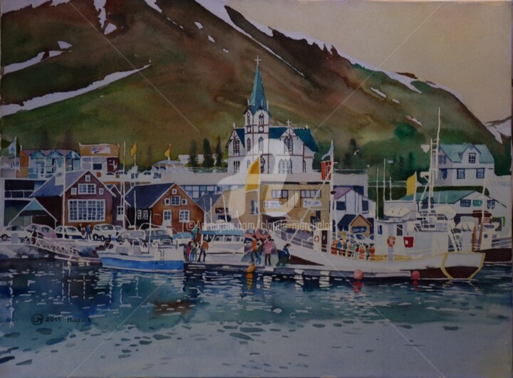 Painting titled "Le port d'Husavik e…" by Claude Marchalot, Original Artwork, Watercolor