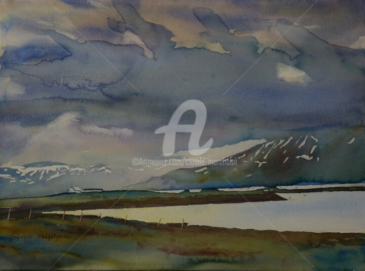 Pintura intitulada "Skagafjordur" por Claude Marchalot, Obras de arte originais, Aquarela