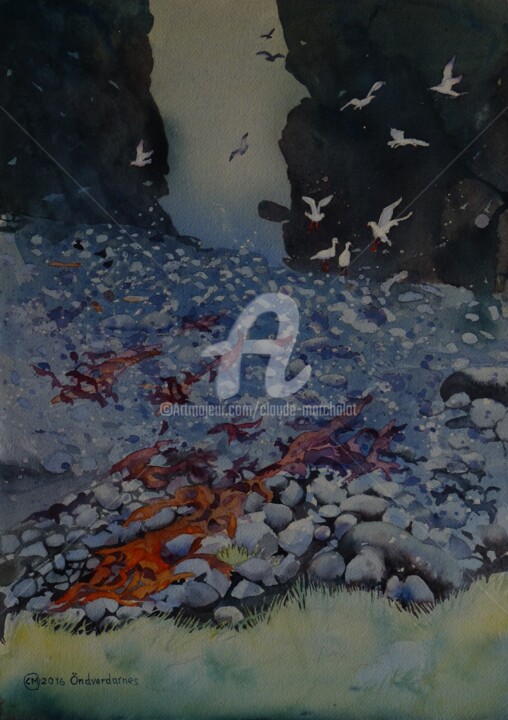 Peinture intitulée "La grève à Ondverda…" par Claude Marchalot, Œuvre d'art originale, Aquarelle