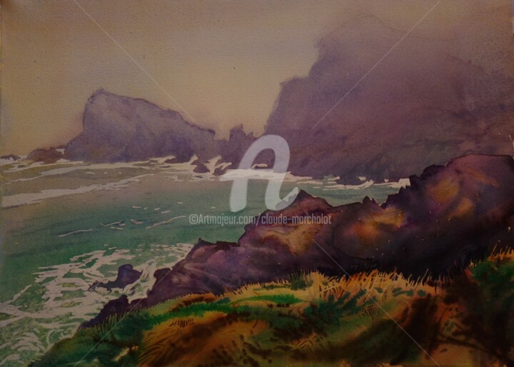 Painting titled "Roscanvel, la plage…" by Claude Marchalot, Original Artwork, Watercolor