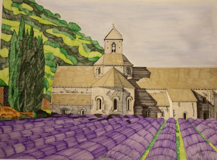 Drawing titled "Abbaye de Sénanque…" by Claude Martine Jeannoel, Original Artwork