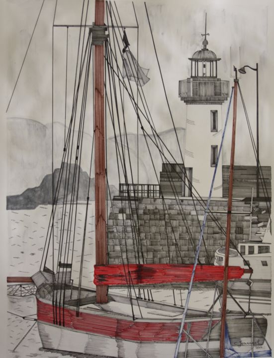 Drawing titled "au-port" by Claude Martine Jeannoel, Original Artwork, Marker