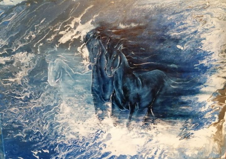 "Blue horses" başlıklı Tablo Claude Jeudy tarafından, Orijinal sanat, Petrol Ahşap Sedye çerçevesi üzerine monte edilmiş
