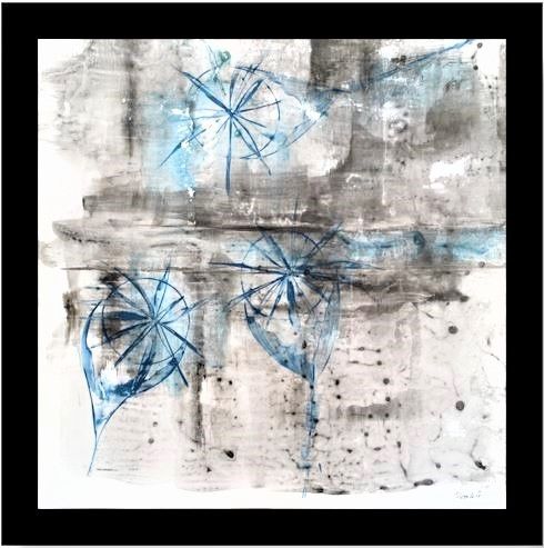 Картина под названием "3 Pavots bleus. Enc…" - Claude Quentelo, Подлинное произведение искусства, Чернила Установлен на Дере…