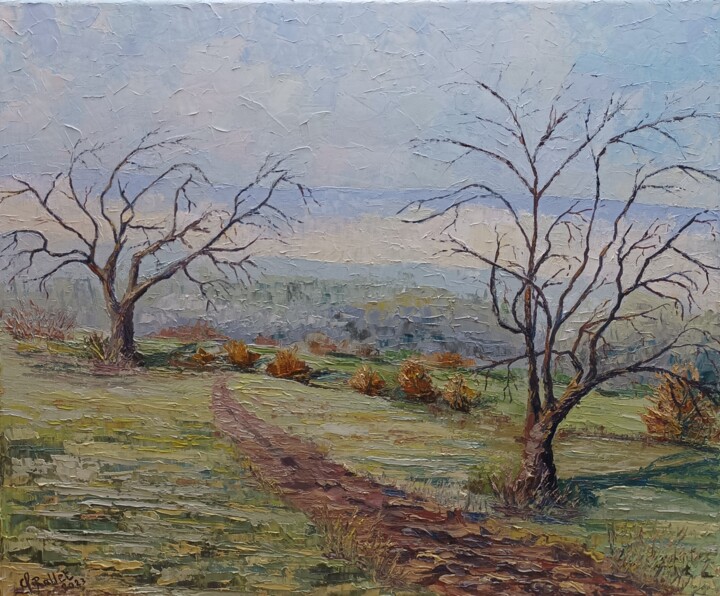 Painting titled "Brume matinale" by Claude Rollet, Original Artwork, Oil Mounted on Wood Stretcher frame