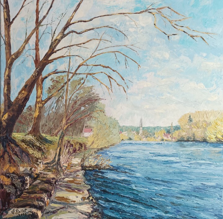 Painting titled "Printemps le Doubs…" by Claude Rollet, Original Artwork, Oil Mounted on Wood Stretcher frame