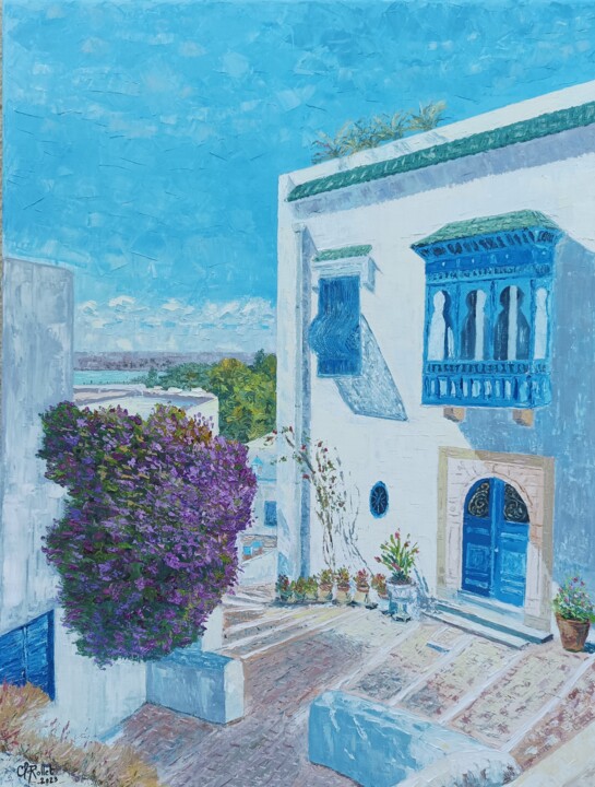 Painting titled "Tunisie Sidi Bou Sa…" by Claude Rollet, Original Artwork, Oil Mounted on Wood Stretcher frame