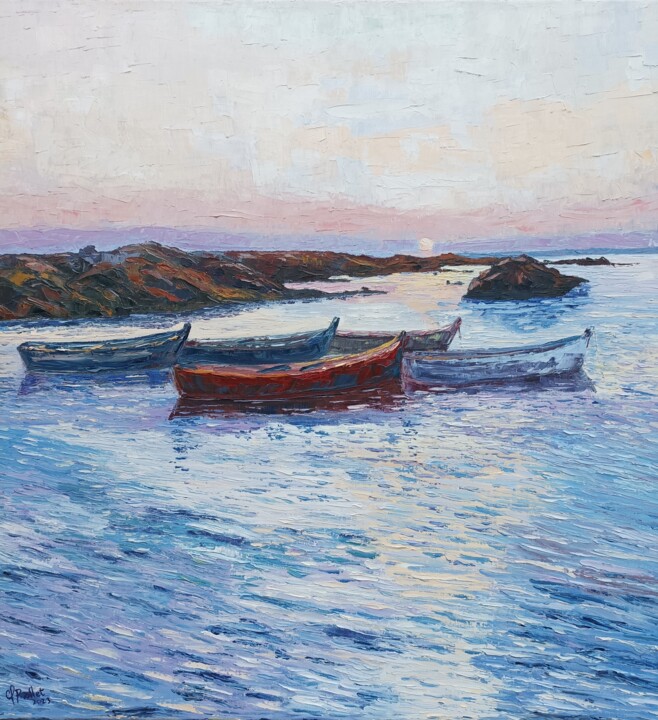 Painting titled "Couché de soleil Br…" by Claude Rollet, Original Artwork, Oil Mounted on Wood Stretcher frame