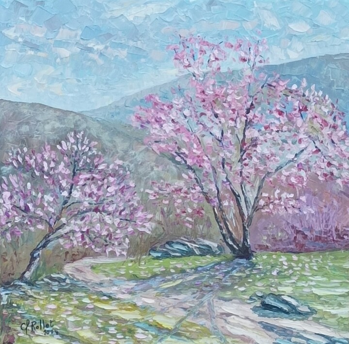「Les magnolias en fl…」というタイトルの絵画 Claude Rolletによって, オリジナルのアートワーク, オイル ウッドストレッチャーフレームにマウント
