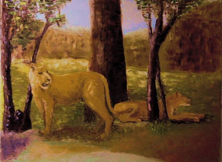 Painting titled "LES LIONS" by Claude Cette, Original Artwork