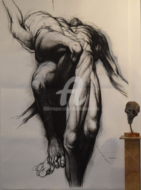 Drawing titled "GRAND DESSIN 210x14…" by Claude Duvauchelle, Original Artwork, Charcoal Mounted on Wood Stretcher frame