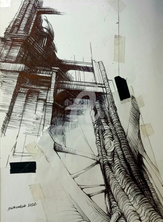 Desenho intitulada "Architecture végéta…" por Claude Duvauchelle, Obras de arte originais, Canetac de aerossol