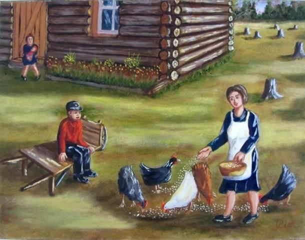 Peinture intitulée "Maman et ses poules" par Claude St-Pierre, Œuvre d'art originale, Huile