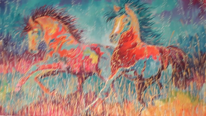 Painting titled "Caballos libres" by Claudia  Alejandra Balcarce  Quesada, Original Artwork