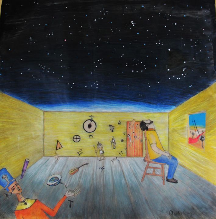 Картина под названием "Discovering the cos…" - Claudia Rangel, Подлинное произведение искусства, Акварель