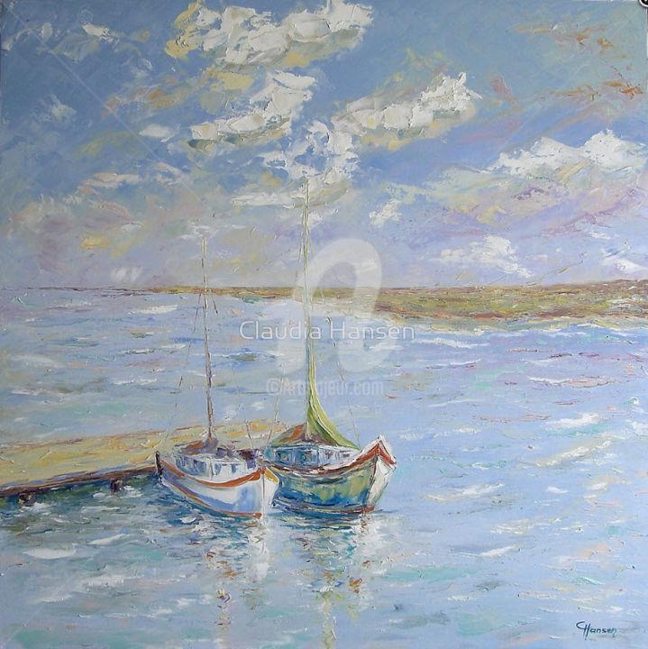 Painting titled ""Boats at the landi…" by Claudia Hansen, Original Artwork, Oil