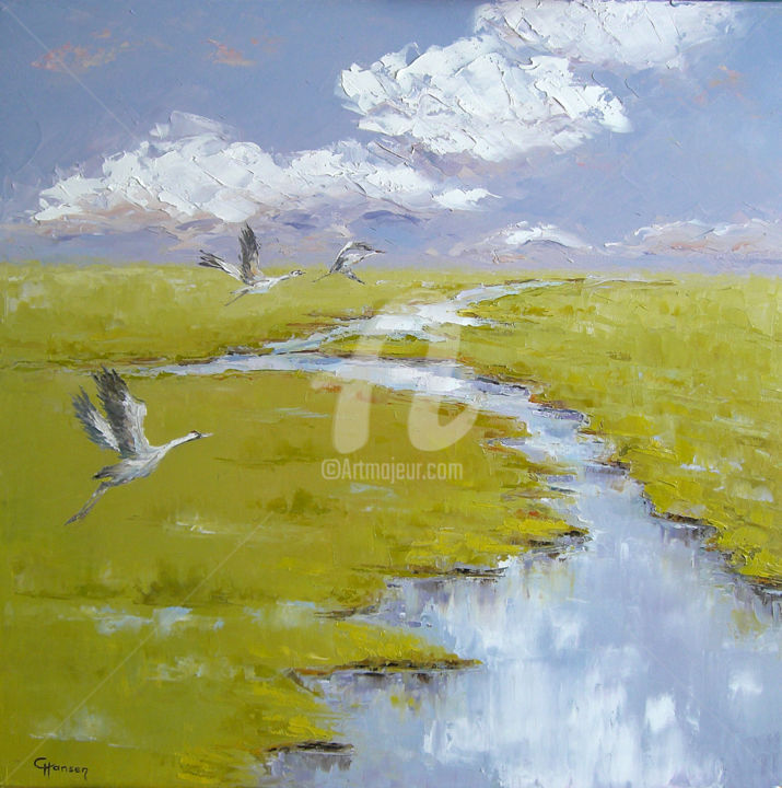 Painting titled ""Grey Cranes"" by Claudia Hansen, Original Artwork, Oil