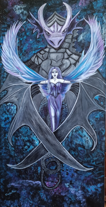 Painting titled "Angel and Dragon" by Claudia Regina Reis, Original Artwork, Acrylic Mounted on Wood Panel